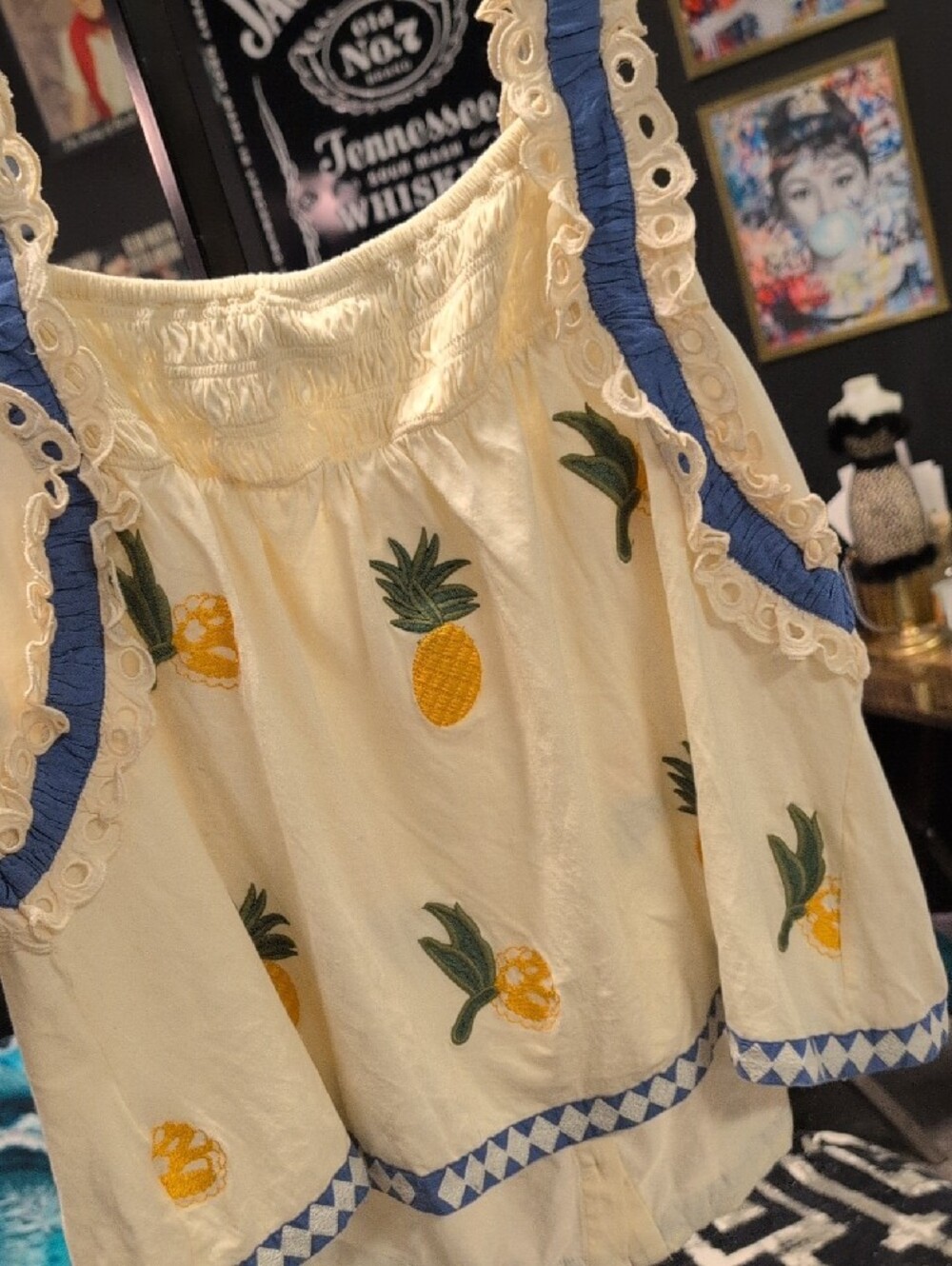 Cream Embroidered Pineapple Button-Front Tank Top with Blue Trim - Picture 8 of 11
